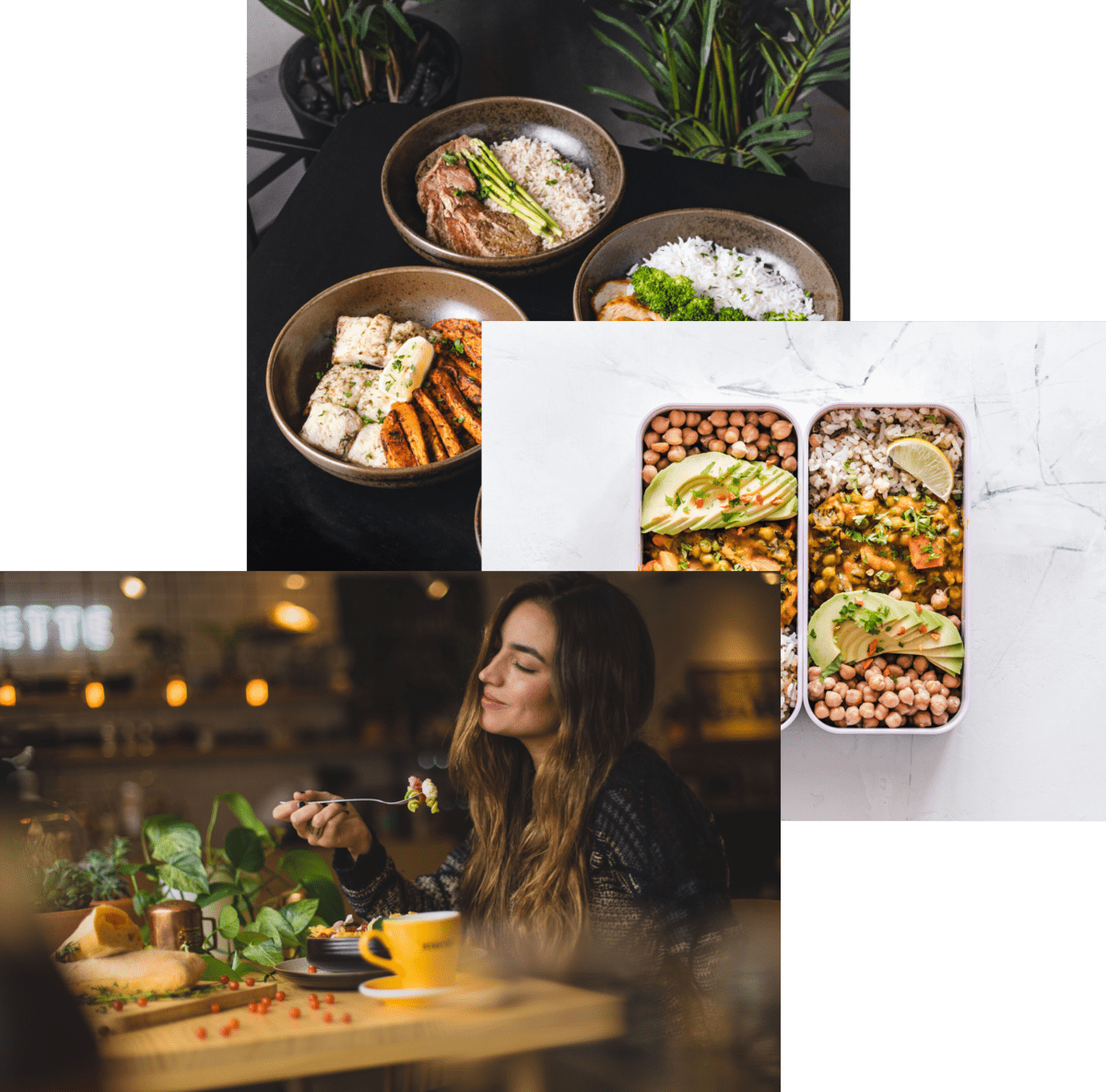 Woman enjoy food, meals in storage container, food bowls on a table